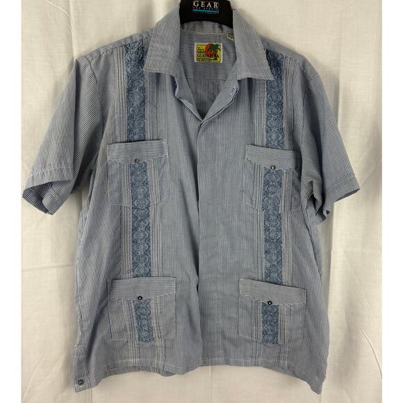 The Genuine Haband Guayabera Striped Shirt Large Hidden Button Front Embroidered - Picture 1 of 5